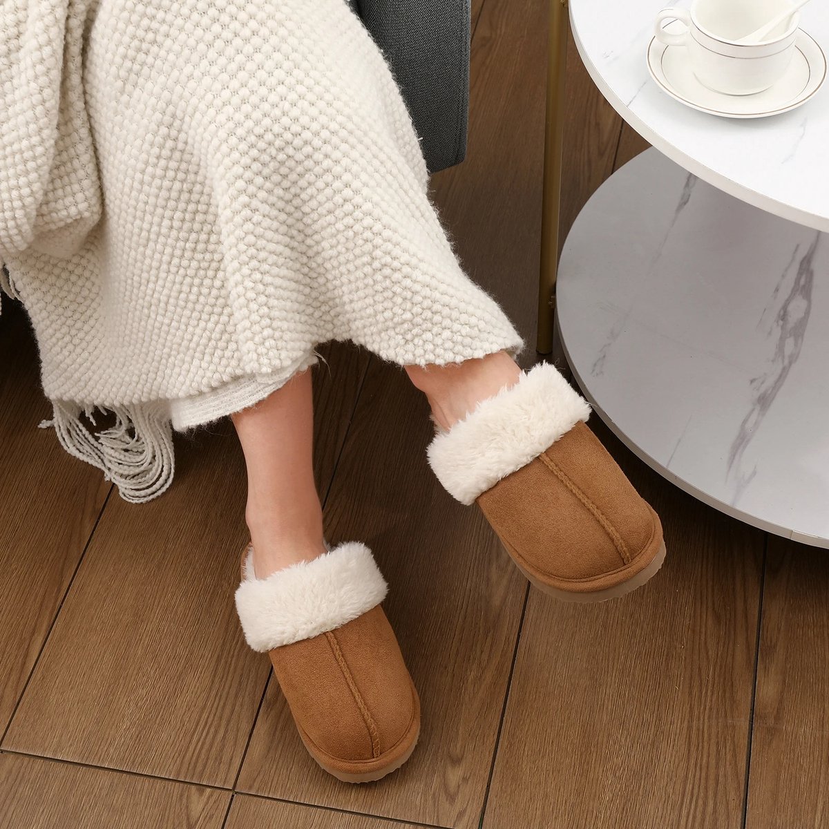 Huishoudelijke luxe faux suede huis vrouwen bont slippers