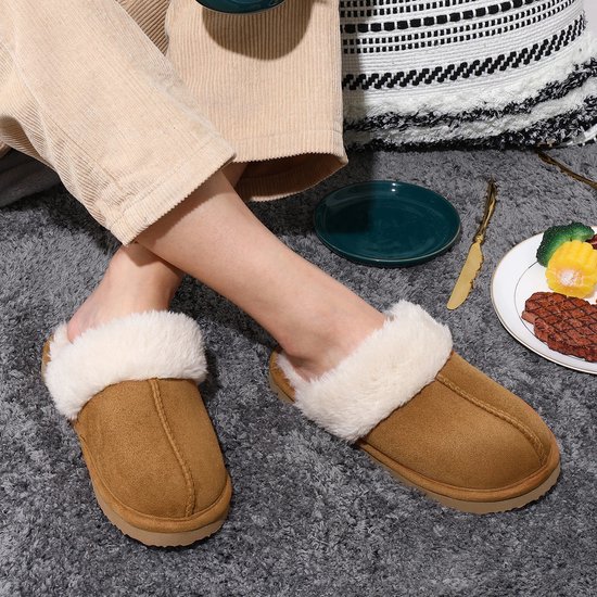 Kurk Voetbed Pluche Slippers Voor Vrouwen Winter Bont Harige Slippers Thuis Pluizige Slides Met Boog Ondersteuning Fuzzy Slippers, Kaki, 38 EU