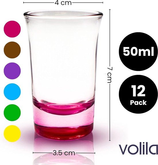 Een leeg, transparant shotglas met een roze bodem, met afmetingen.