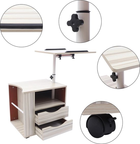J&R Table de chevet - Table d'appoint - Armoire de bureau - Armoire Printer - 2 tiroirs - Table de chevet rotative - Avec Roues - Table pour ordinateur portable - Plateforme rotative - Roues -
