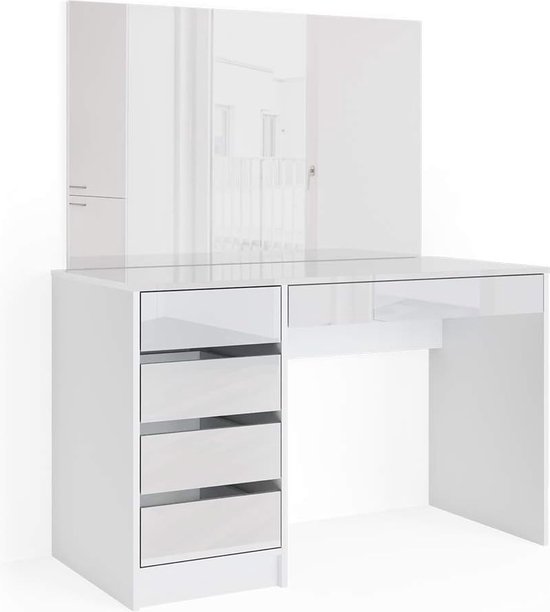 SONGMICS Make-uptafel met 5 laden (incl. 2 onderdelen), kaptafel met spiegel en kruk, make-uptafel met kantelbeveiliging, wit, RDT09W