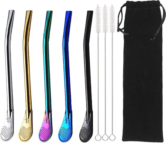 PFLYPF Set Van 5 Rietjesborstels – Roestvrij Staal & Nylon, 19,5 Cm, 5 Kleuren, Voor Flessen & Buizen