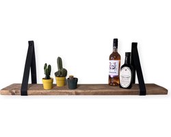 Wandplank Steigerhout 60 cm met Zwarte leren Riemen Meubelzwagerij