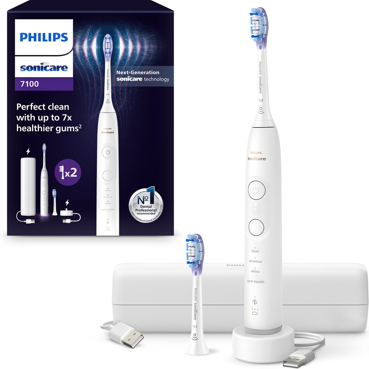 Philips Sonicare 7100 Series - Elektrische Tandenborstel - Wit - Extra Premium Gum Opzetborstel - Reisetui - HX7420/02