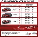 Tabel met autotypes (Personenauto, Kombi, SUV) en maten (M, L, XL) met afmetingen in cm.