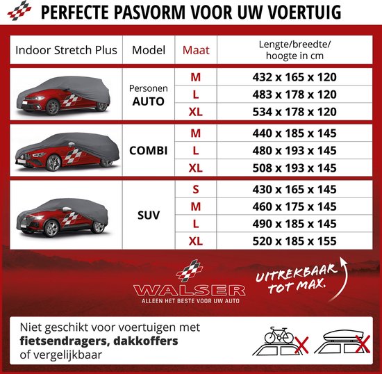 Tabel met autotypes (Personenauto, Kombi, SUV) en maten (M, L, XL) met afmetingen in cm.