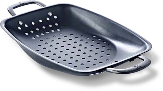 BK Black steel BBQ rooster met grillgaten 38x27cm - plaatstaal - carbon staal - Gietijzer handgreep - ovengeschikt tot 230°C - barbecue - handwas - BBQ set