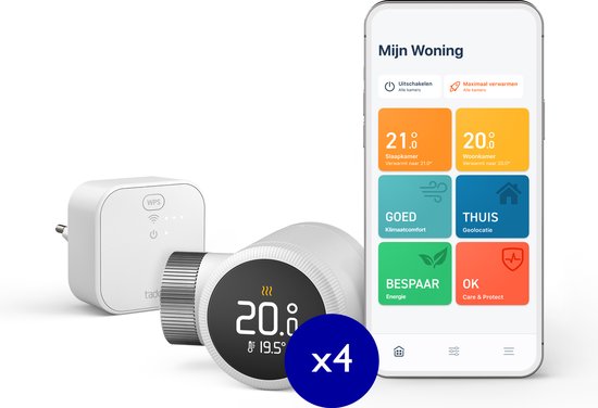 tado° Slimme Radiatorknop X - Slimme Thermostaatknop - Starterkit - incl. Matter Bridge & 4 Radiatorknoppen - werkt met Google Home, Alexa & Apple Homekit - Zwart/Wit