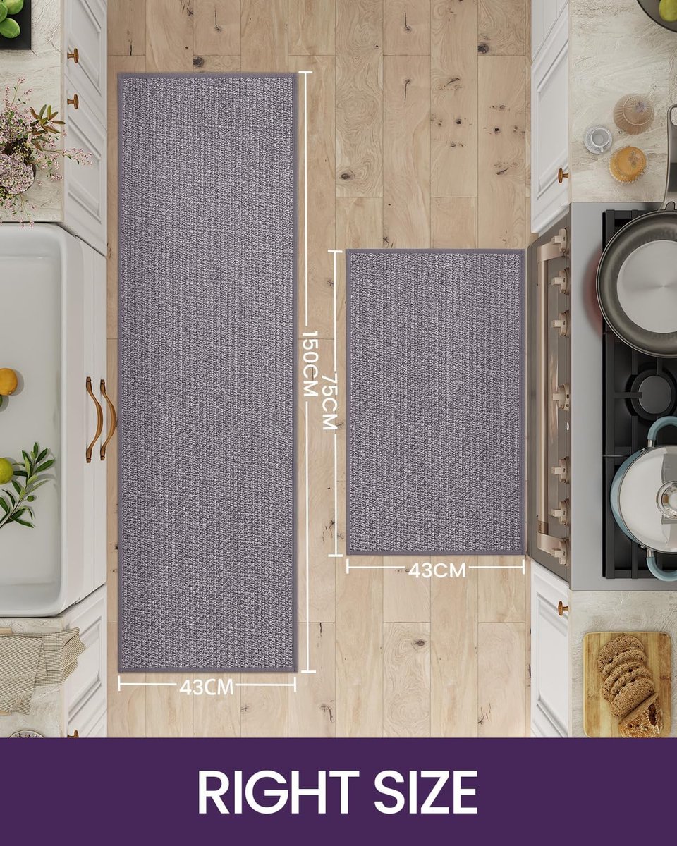 Keukenloper, antislip, 2 stuks, keukentapijt, wasbaar, hoogwaardige keukenmatten, voor keuken, terras en woonkamer, 43,5 x 75 cm + 43,5 x 150 cm, grijs