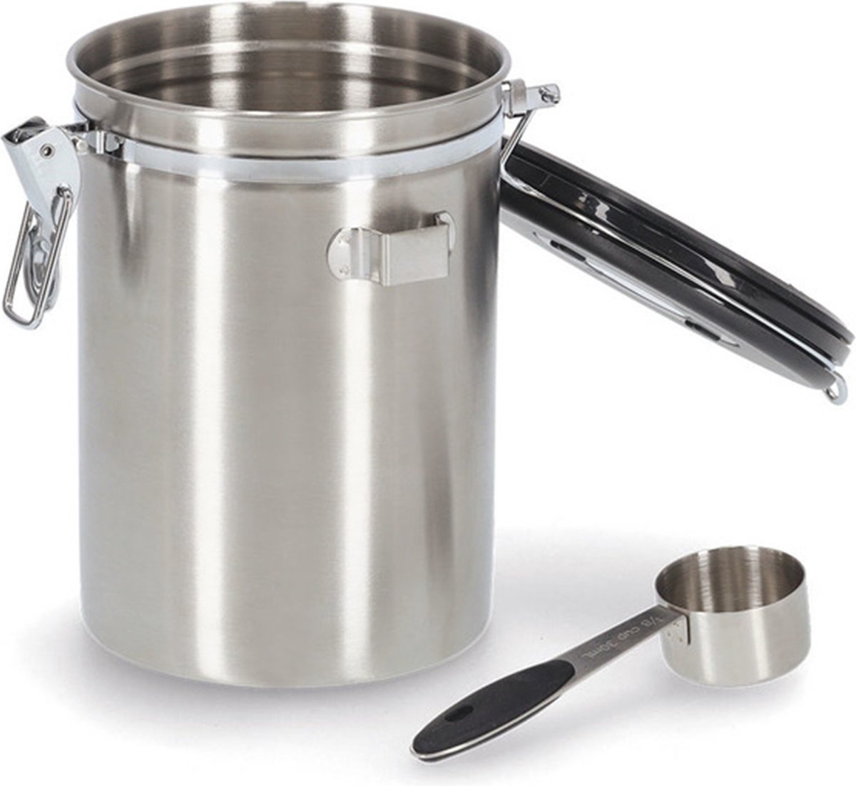 Zeller Koffie bewaarblik met lepel - RVS/kunststof - zwart - clipsluiting - luchtdicht - 1700 ml