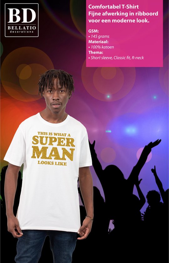 Chemise fantaisie Bellatio Decorations pour homme - Superman - blanche - paillettes dorées - soirée à thème - Vaderdag XXL