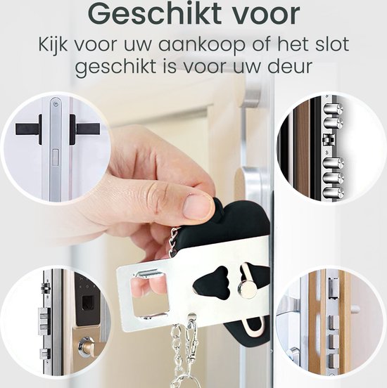 Demonstratie van het product op verschillende deuren, met close-ups van sloten en de hand die het zwarte hartvormige deurslot vasthoudt.