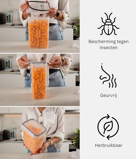 Trio van afbeeldingen die een luchtdichte bak met chips laten zien, met iconen voor insecten-, geur- en herbruikbaarheid.