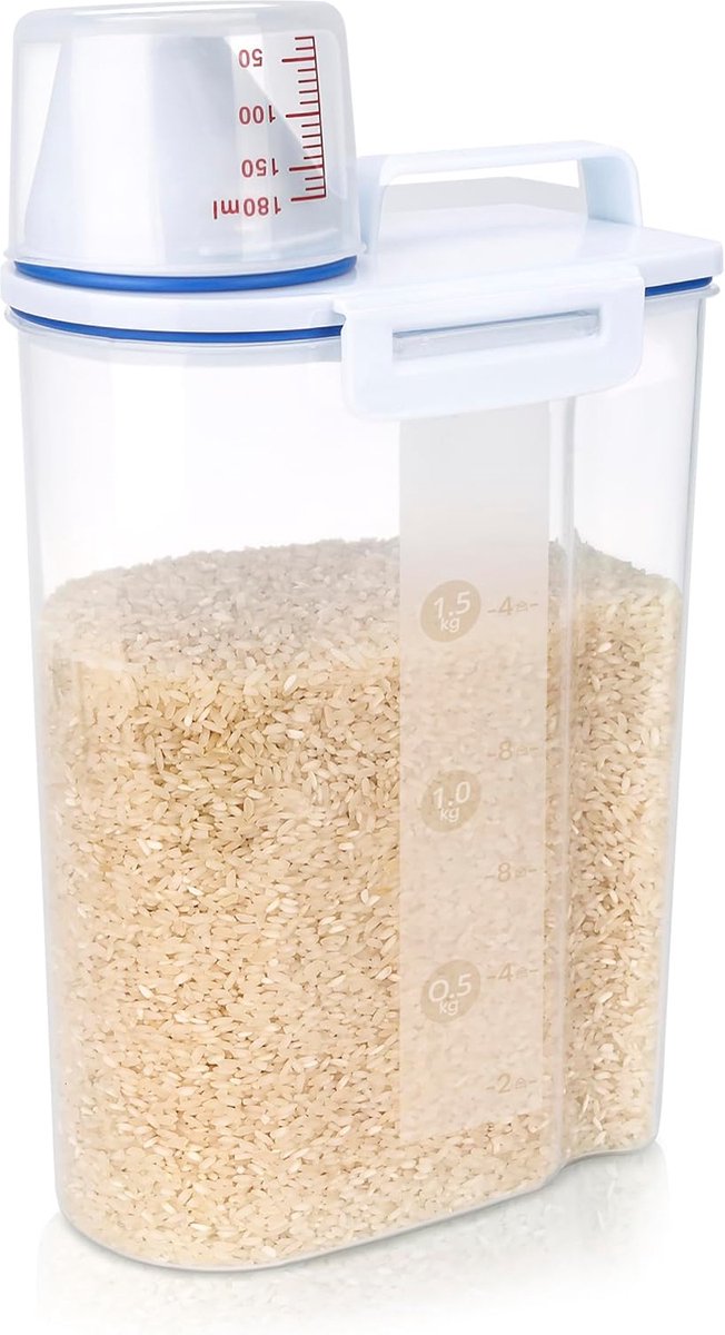 Kunststof voorraaddoos met deksel en maatbeker BPA-vrije voorraaddoos 2 liter luchtdichte container voor muesli suiker meelopslag en droogvoer voor keuken en eetkamer