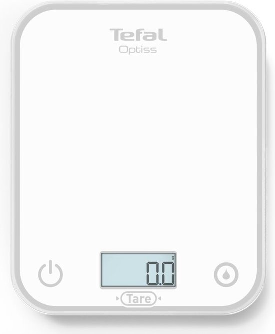 Balance de cuisine Tefal Optiss blanche avec écran numérique, bouton marche/arrêt et bouton tare.