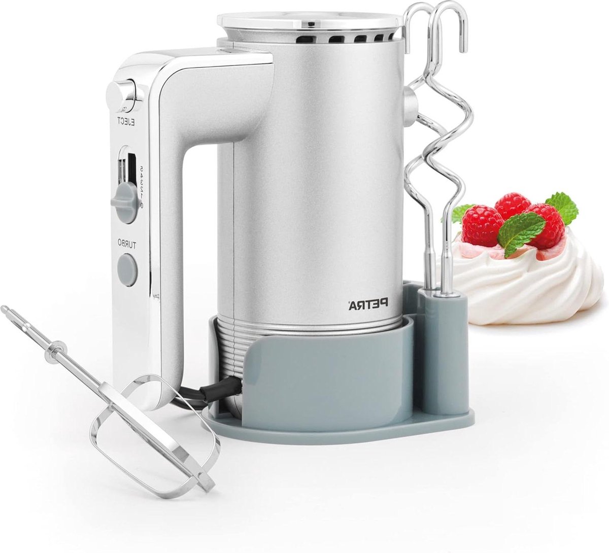 Handmixer met opbergbasis - 5 snelheden - Deeghaken - Kloppers - Turbofunctie - Uitwerpfunctie - Garde - Kneden - 300W - Zilver