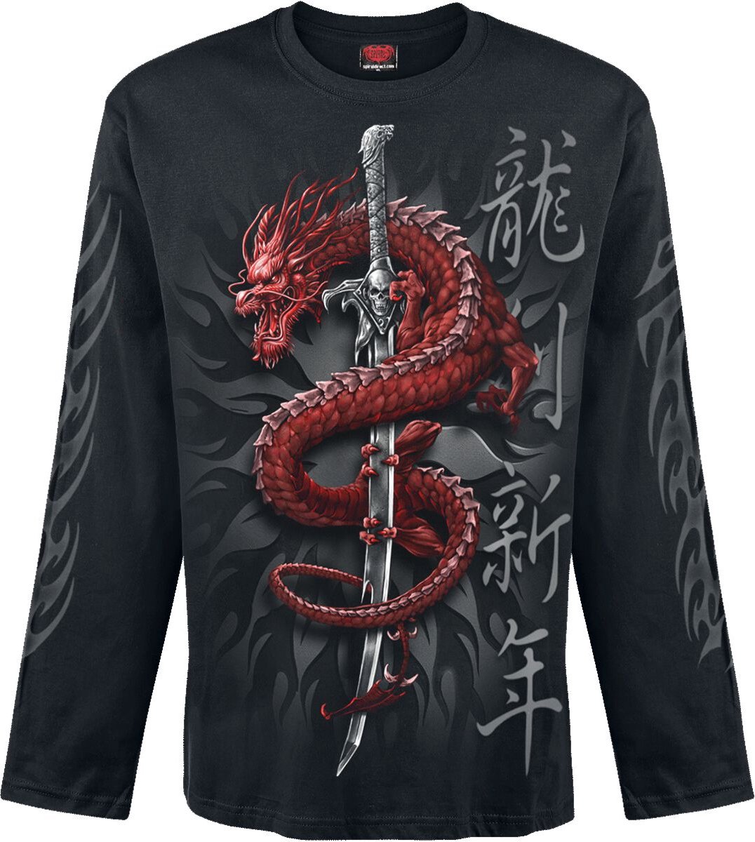 Spiral Oriental Dragon Longsleeve Heren Shirt met lange mouwen - zwart - XXL