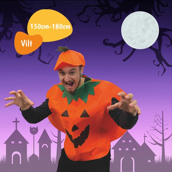 Man met verbaasd gezicht in oranje pompoen kostuum met groen bladkraagje, tegen een Halloween-achtergrond.