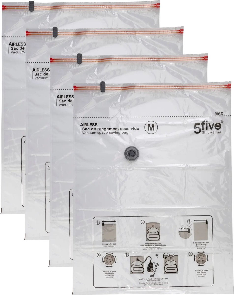 5Five® 5Five Vacuumzakken voor kleding/textiel - Vacuum opbergzakken - 4x stuks - transparant - 60 x 80 cm - Ook voor kussens en dekens