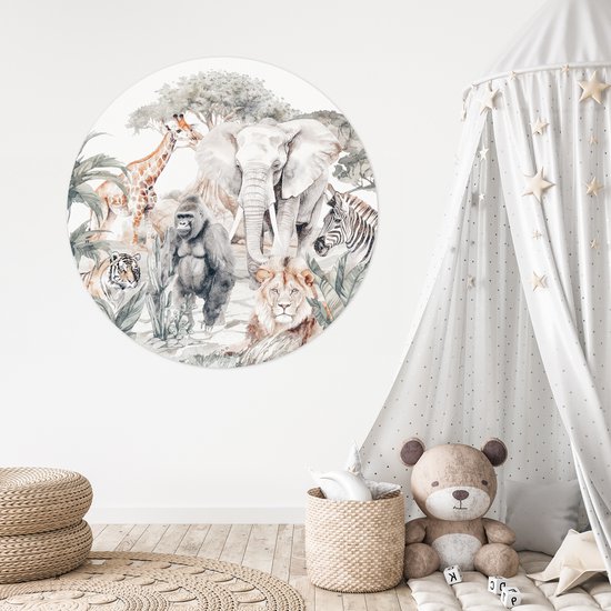 WallCircle - Papier peint cercle - Stickers muraux chambre d'enfant - Animaux - Jungle - Aquarelle - Enfants - Sticker mural - Décoration murale ronde - Sticker papier peint - Stickers muraux ronds - 120x120 cm - Stickers muraux - Sticker mural