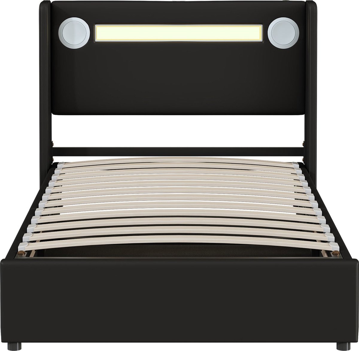 Merax Polsterbett Kinderbett 90x200 Bett mit LED-Lichtleiste, Bluetooth-Player und USB-Aufladung, PU-Leder-Aufbewahrungsbett, Hochbettkasten, Jugendbett mit Lattenrost