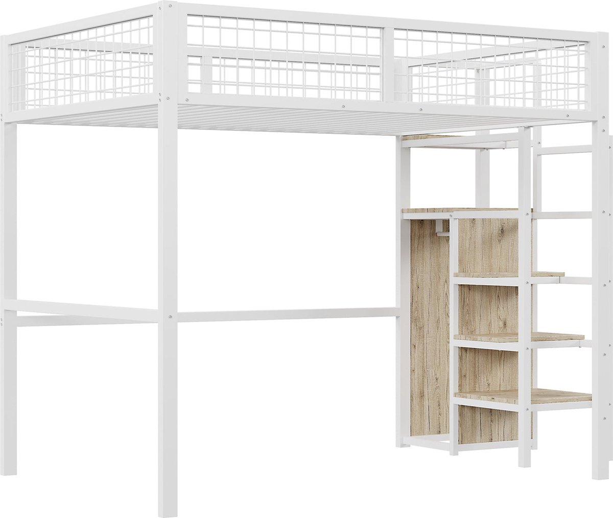 Merax Hoogslaper 140x200 met Ladder - Kinderbed met Metalen Frame en Opbergrek - Inclusief Kledingkast - Wit