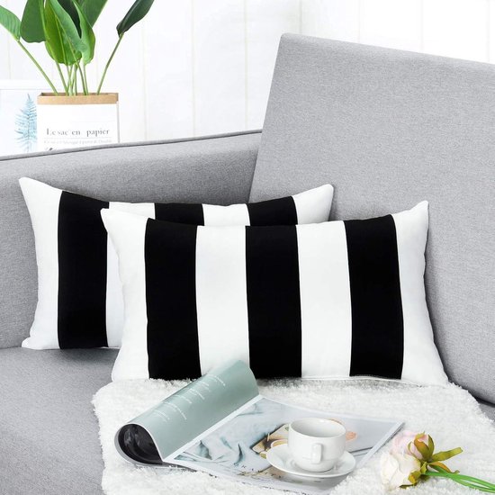 Set van 2 gestreepte kussenslopen zachte decoratieve kussenovertrekken met ritssluiting voor bank slaapkamer - 30 x 50 cm - zwart-wit kussensloop 30x50