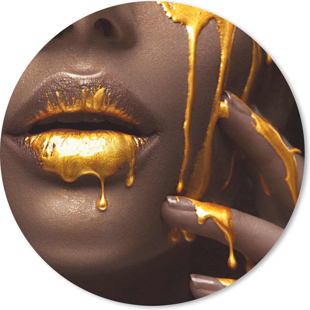 Muismat rond 50x50 cm - Mousepad Goud - Vrouw - Verf - Lippen - Luxe - Ronde muismatten