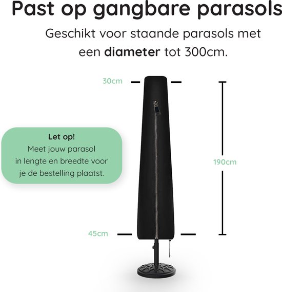 Volcan Parasolhoes voor Staande Parasol - Met Rits en Stok - Waterdicht - Oxford 420D - Tot 300cm - Zwart