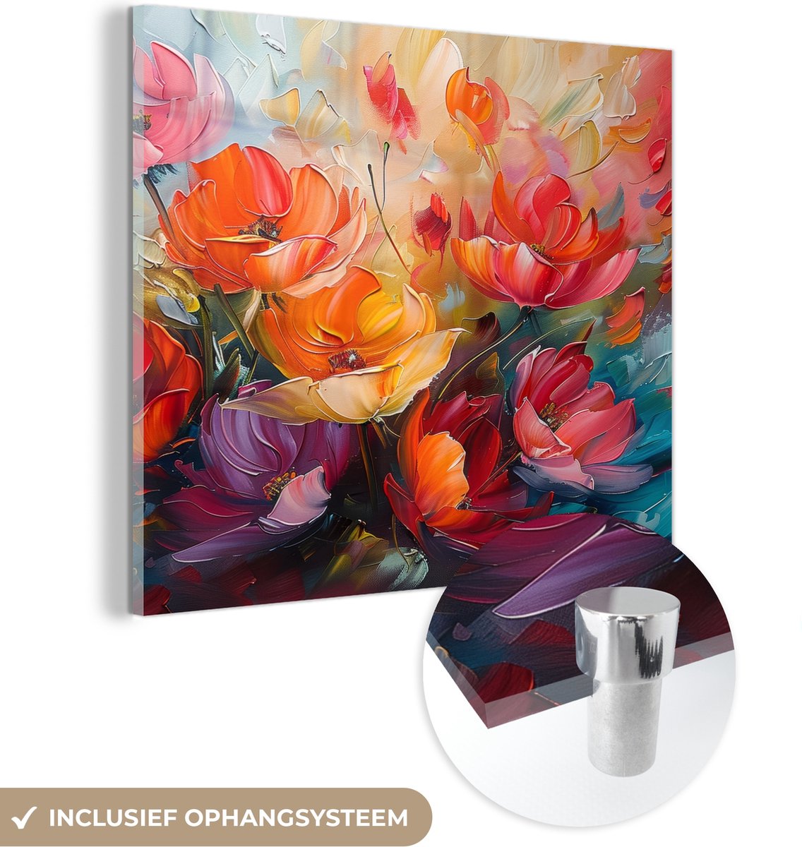 MuchoWow® Glasschilderij 90x90 cm - Schilderij acrylglas - Bloemen - Kleurrijk - Verf - Abstract - Kunst - Foto op glas - Muurdecoratie woonkamer - Wanddecoratie slaapkamer - Schilderijen