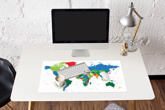 Tapis de souris XXL - Sous-main - Tapis de bureau - Wereldkaart - Couleurs - Topographie - 90x45 cm - Tapis de souris XXL