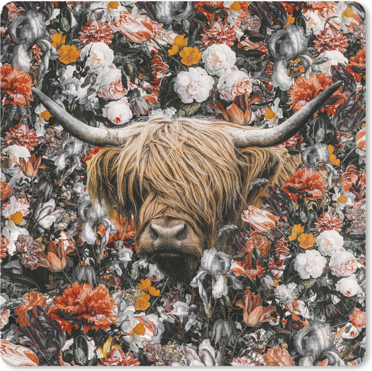 Muismat 30x30 cm - Mousepad Schotse hooglander - Bloemen - Oranje - Muismatten