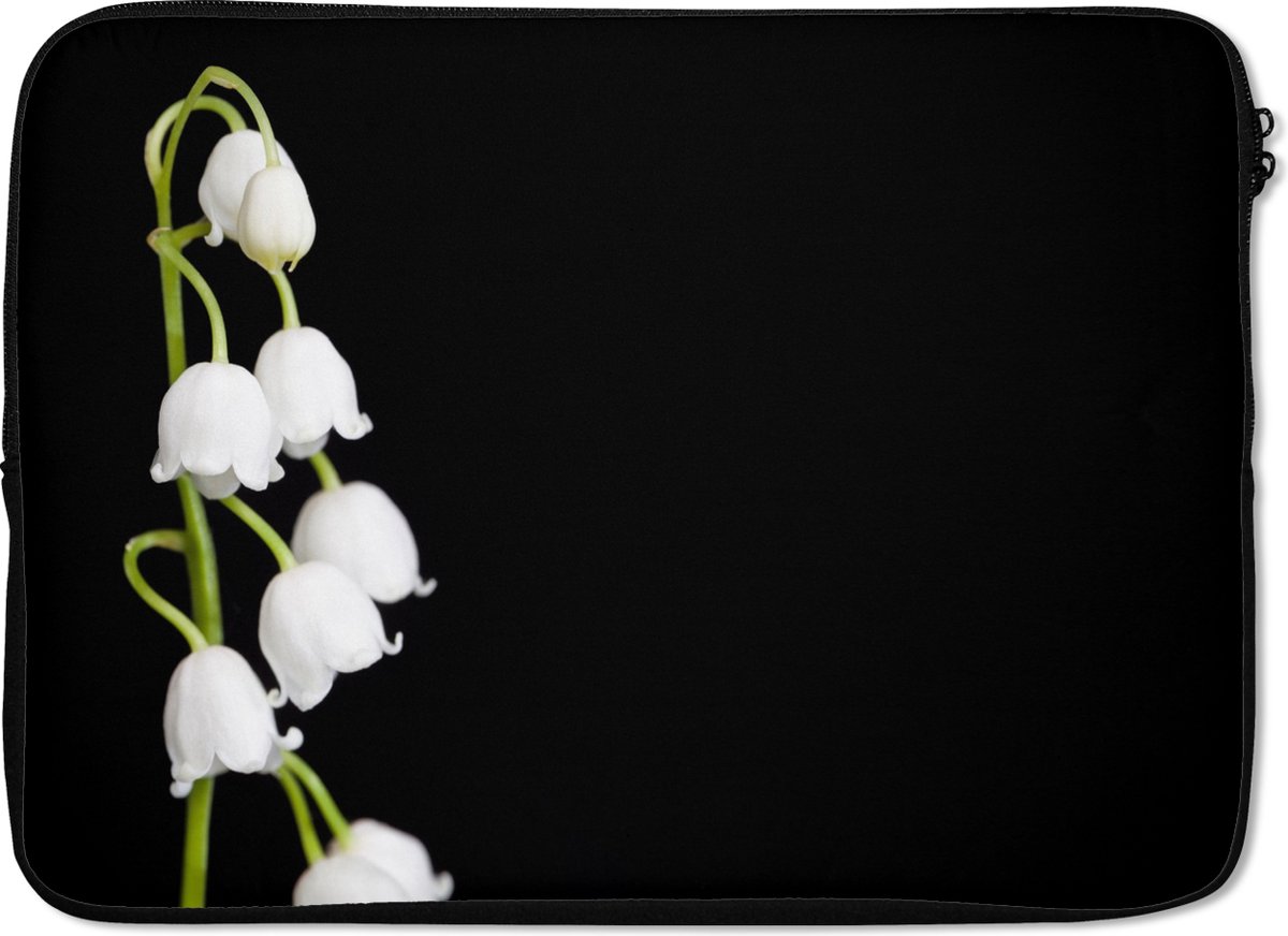 Laptophoes 14 inch - Lelietjes van dalen - Bloemen - Zwart - Flora - Laptop sleeve - Binnenmaat 33x23 cm - Zwarte achterkant