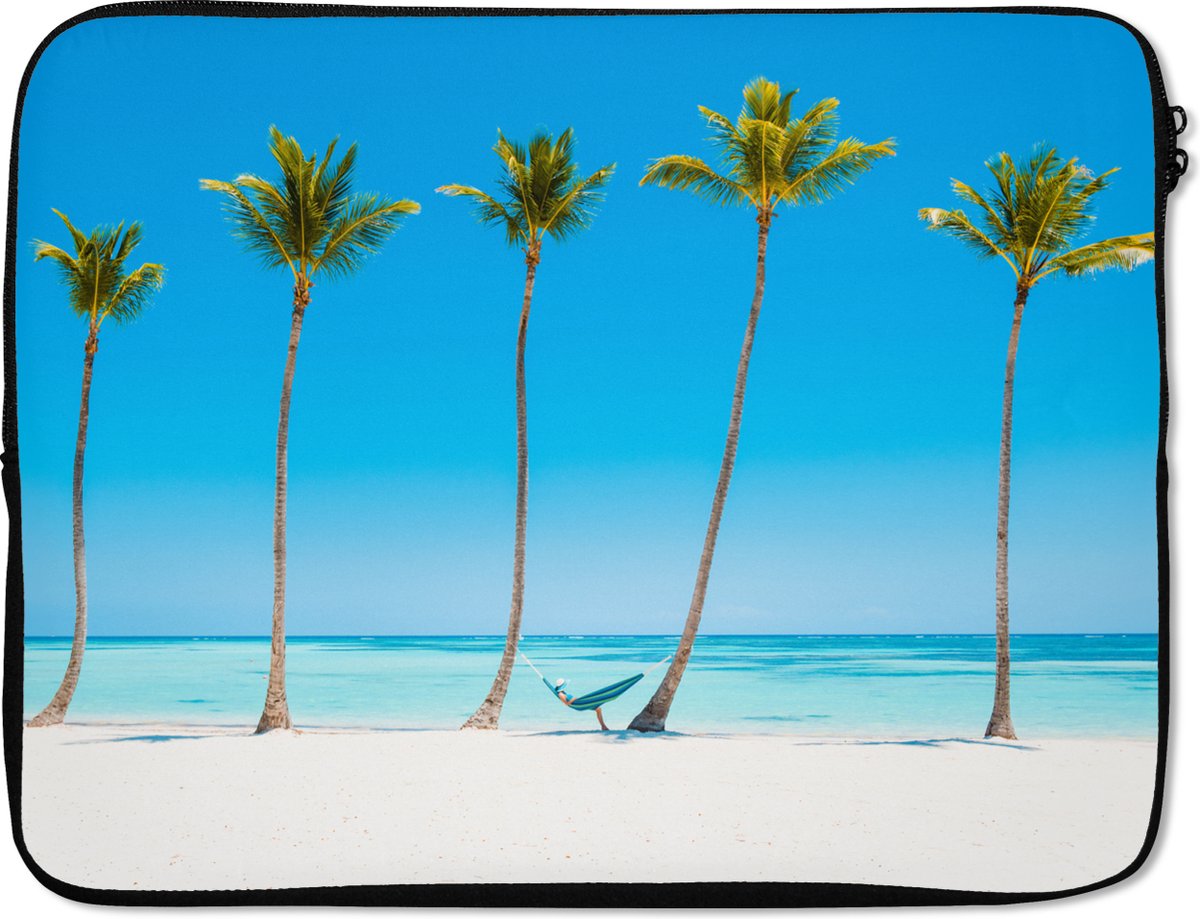 Laptophoes 15.6 inch - Zee - Palmbomen - Hangmat - Laptop sleeve - Binnenmaat 37x26 cm - Zwarte achterkant