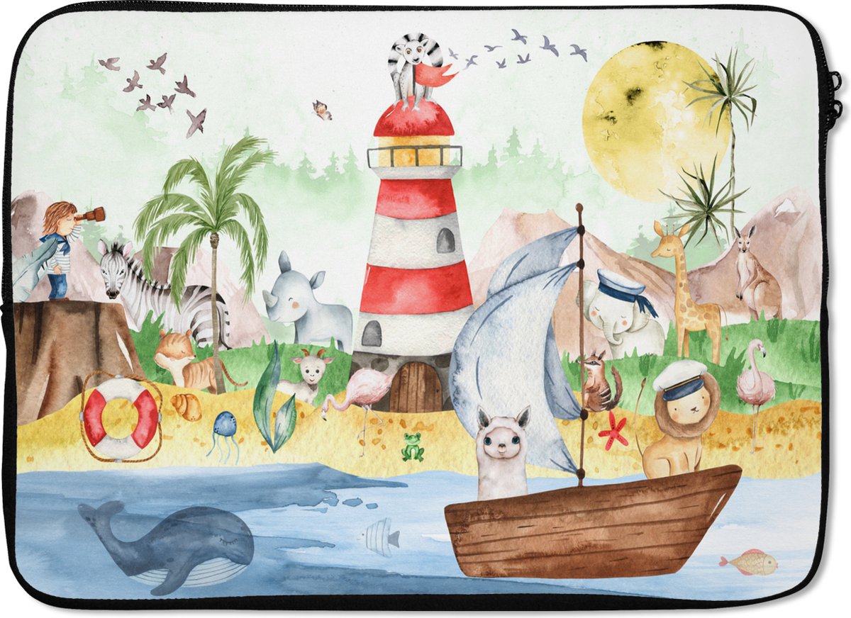Laptophoes 14 inch - Strand - Dieren - Kinderen - Vuurtoren - Jongens - Laptop sleeve - Binnenmaat 33x23 cm - Zwarte achterkant