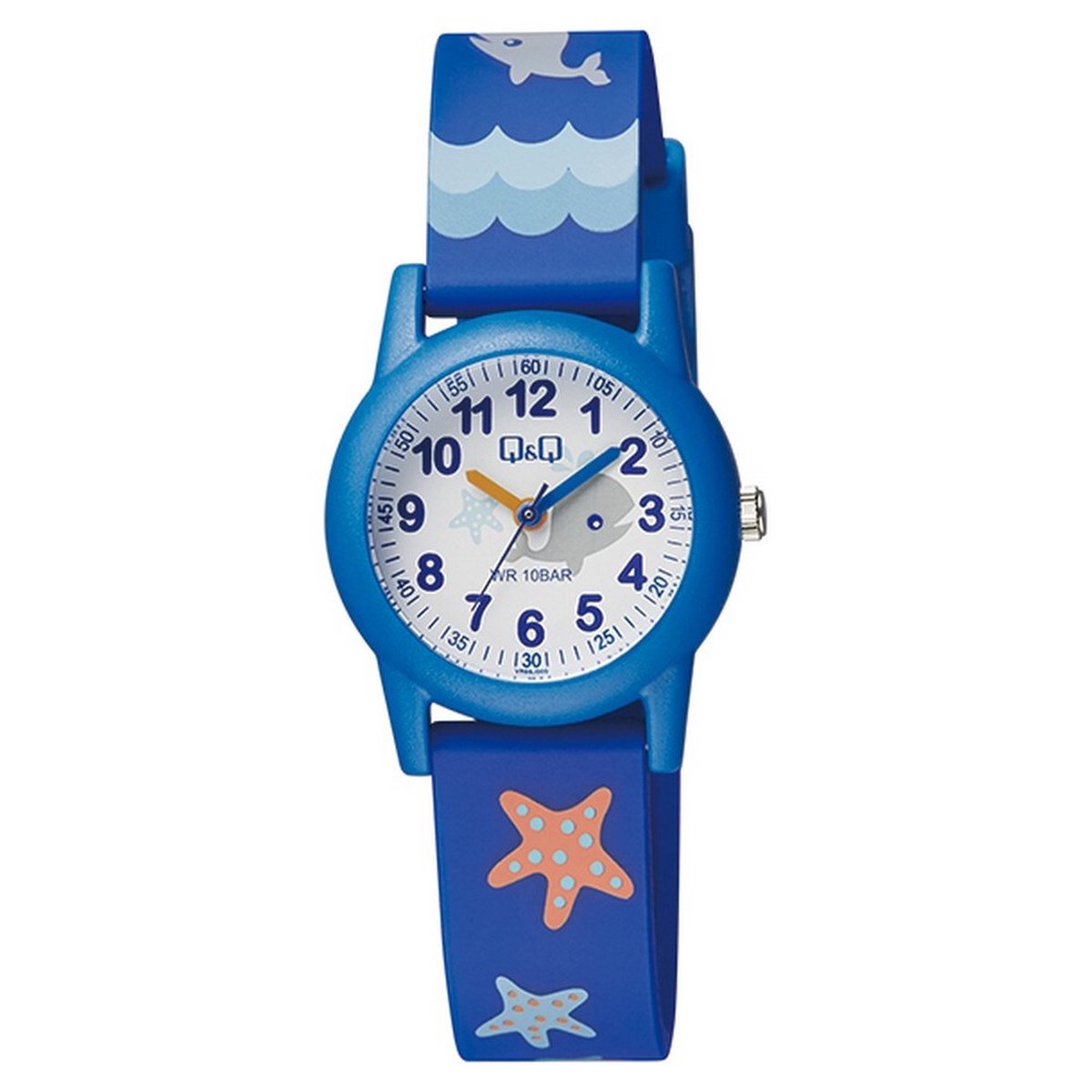 QQ VR99J009Y - Horloge - Sport - Analoog - Kinderen - Unisex - Plastic band - Rond - Kunststof - Cijfers - Walvis - Zeesterren - Blauw - Wit - Multi - 10 ATM