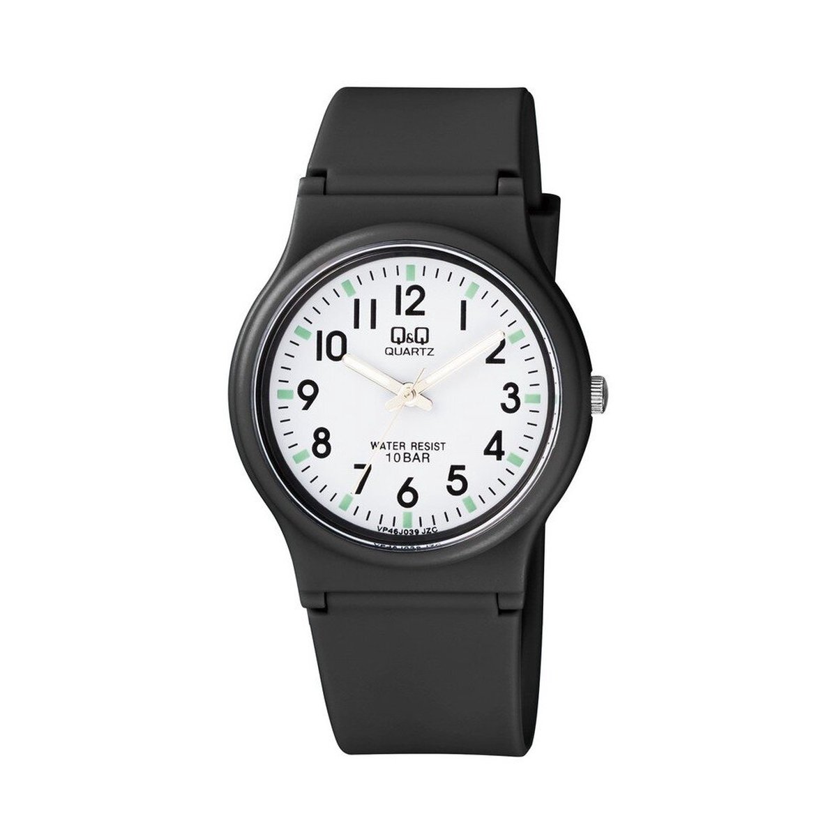 QQ VP46J039Y - Horloge - Sport - Analoog - Dames - Vrouwen - Plastic band - Rond - Cijfers - Kunststof - Zwart - Wit - Groen - 10 ATM