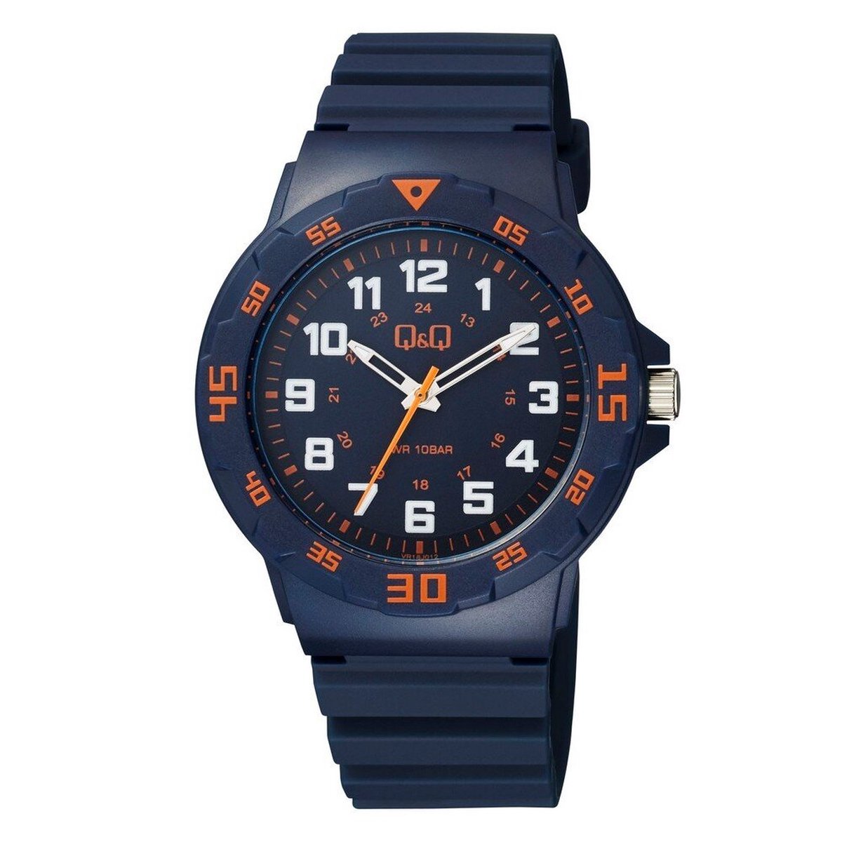 QQ VR18J012Y - Horloge - Sport - Analoog - Heren - Mannen - Plastic band - Rond - Cijfers - Kunststof - Donkerblauw - Oranje