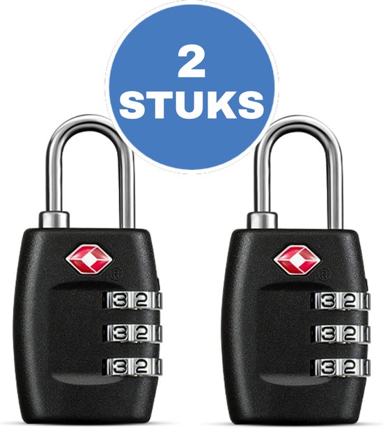Twee zwarte TSA-combinatiesloten, elk met drie cijfers.