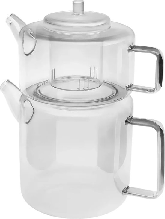 Set de théière plate en Verres borosilicaté Karaca – Haut de 1,1 L – Pot inférieur de 1,8 L – Design moderne et résistant à la chaleur