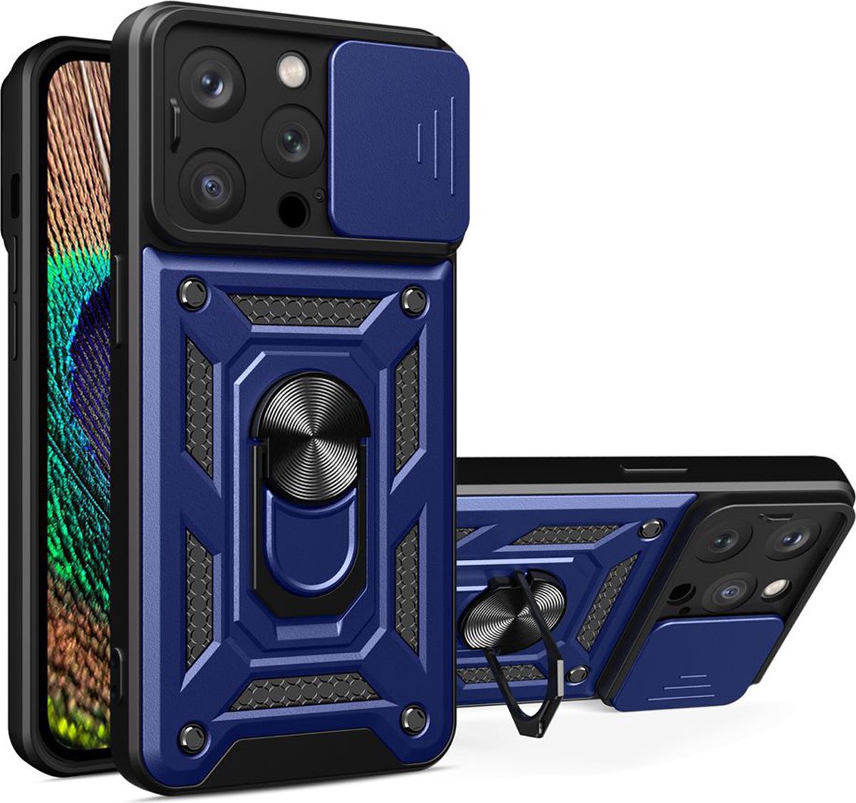 MobyDefend Hoesje - Geschikt voor iPhone 15 Pro - Pantsercase Met Draaibare Ring - Blauw