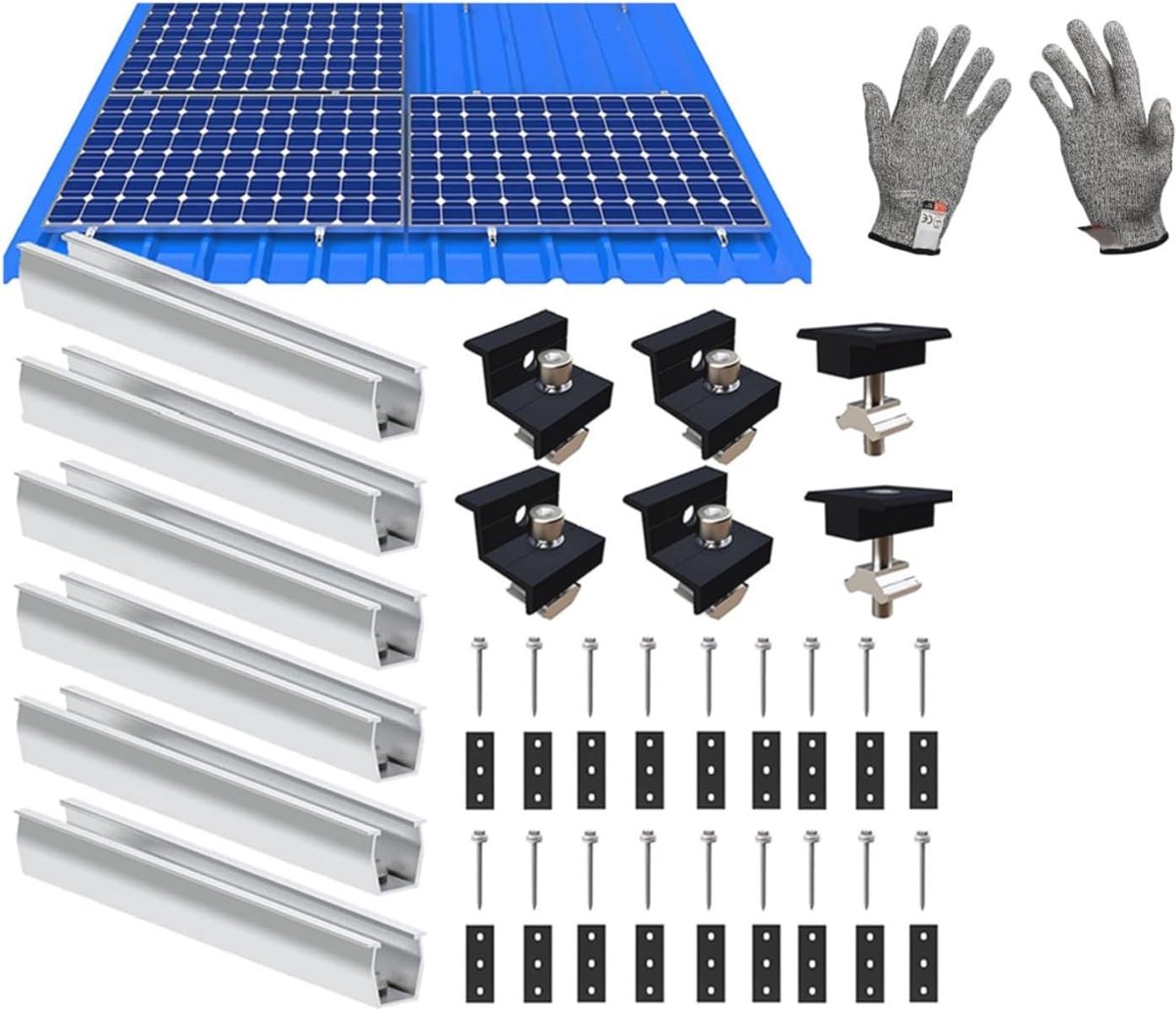 Zonnepaneelhouder voor Plat Dak met Verstelbare Klemmen - 20 cm Montagerail voor PV Modules