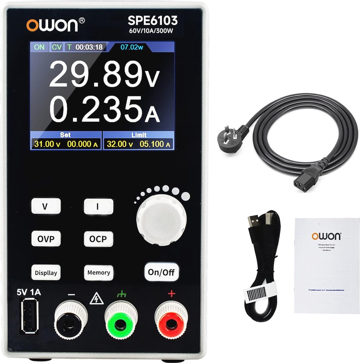 Programmeerbare DC-voeding 300W met 60V/10A, TFT LCD-display en USB-aansluiting