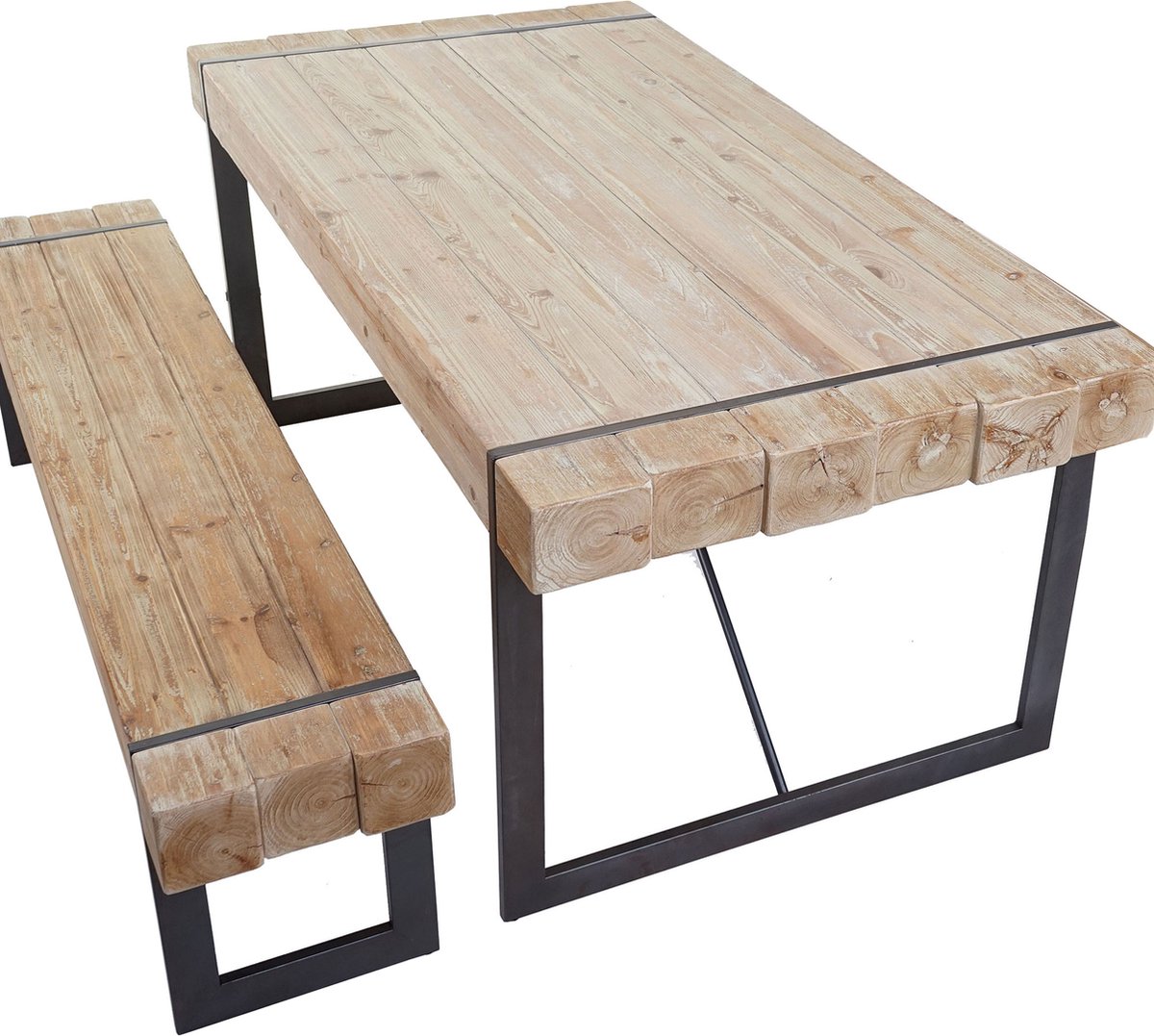 Eetkamerset MCW-A15, eettafel + 1x bank, massief rustiek dennenhout MVG-gecertificeerd ~ natuurlijke kleur 180cm
