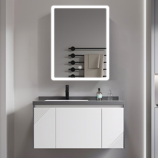 Armoire Miroir Avec Led Armoire à Miroir Avec LED SensaHome 50x50 Cm - Meuble Salle De Bain, 3 Couleurs D'éclairage, 2 étagères En Verre
