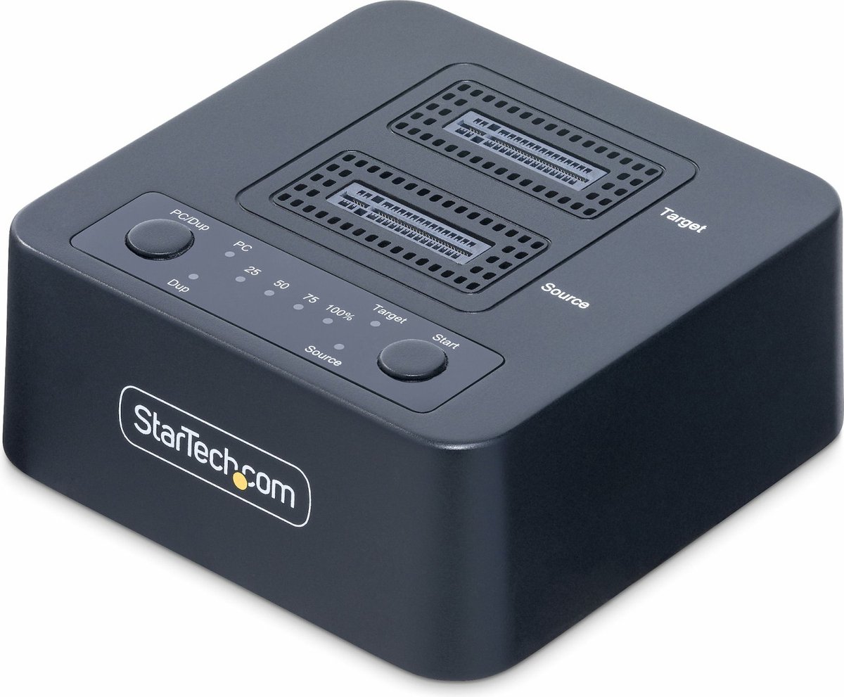 StarTech.com 1:1 M.2 NVMe Drive Duplicator, Standalone M.2 SSD Cloner/Copier tot 90GBpm, USB 3.2 20Gbps Dual-Bay M.2 Drive Dock, Inclusief USB-C/A Kabels
