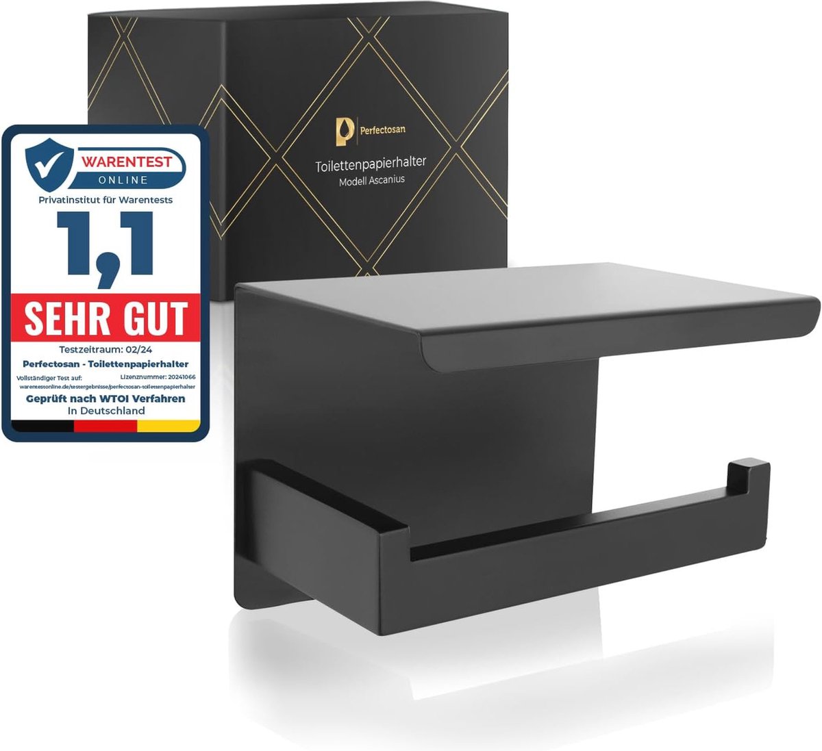 Toiletrolhouder zwart zonder boren met plankje | Zelfklevende wc-rolhouder | Elegante badkamers