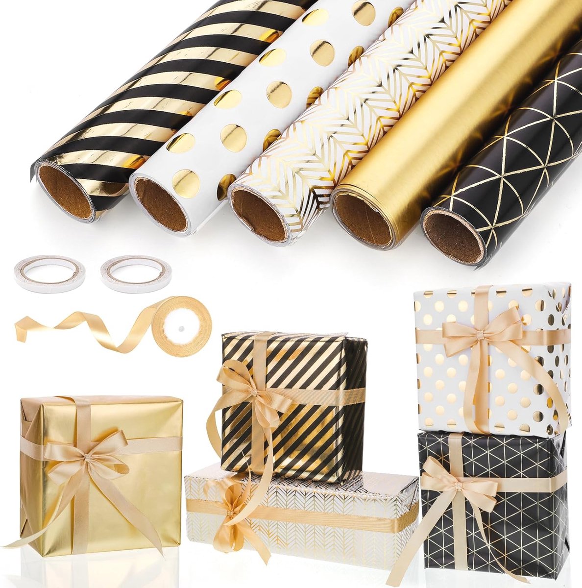 Cadeaupapier rollen set voor verjaardagen en feestjes, 5 rollen 43 cm x 3 m, zwart goud, met lint en dubbelzijdig plakband