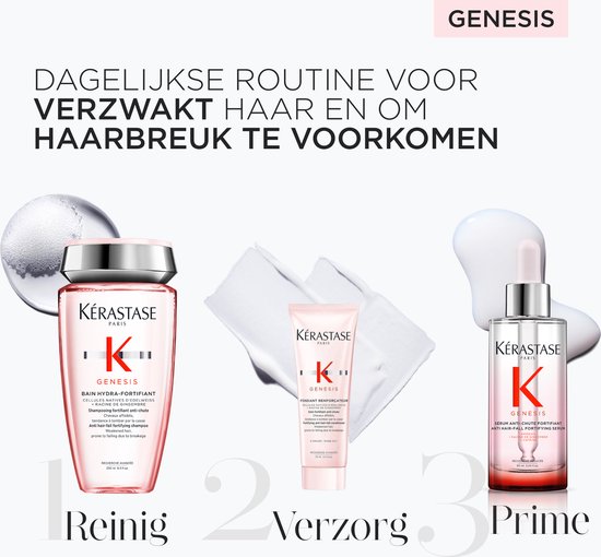 Routine Kérastase Genesis : shampooing, soin et sérum pour la prévention de la perte de cheveux.