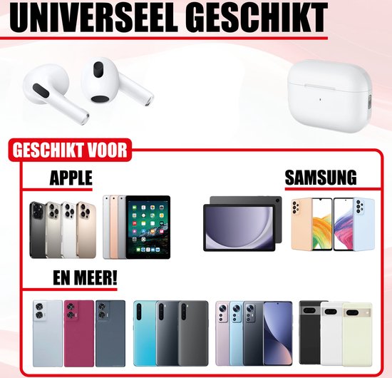 Witte draadloze oortjes met oplaadcase, naast afbeeldingen van Apple en Samsung telefoons en tablets. Tekst "UNIVERSEEL GESCHIKT", "GESCHIKT VOOR APPLE, SAMSUNG EN MEER!".